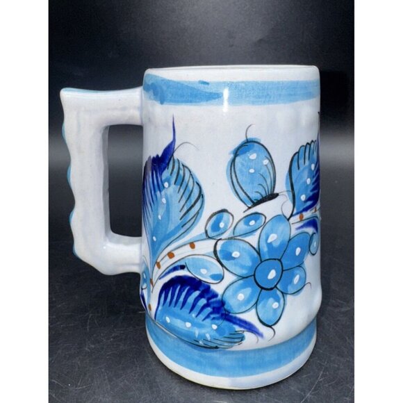 VTG Tonala Mexico Hand Painted Blue Bird & Flowers Pottery Mug Cup Stein 23oz - Picture 3 of 7